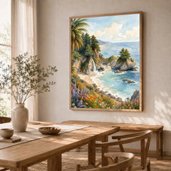 Julia Pfeiffer Burns State Park McWay Falls and cove watercolour art print in a natural wood frame in a dining room
