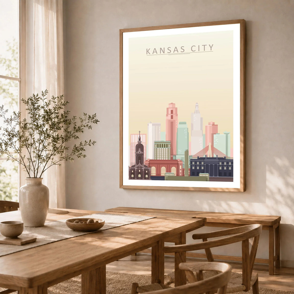 Kansas City city skyline art print in a natural wood frame in a dining room