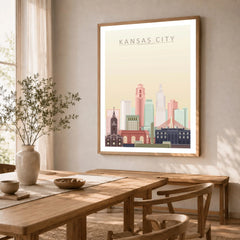 Kansas City city skyline art print in a natural wood frame in a dining room