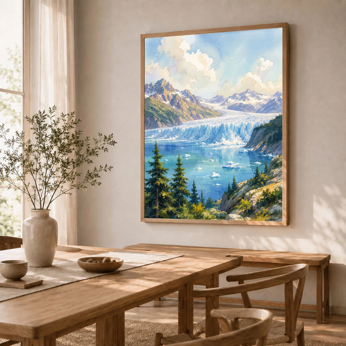 Kenai Fjords National Park tidewater glacier and fjord watercolour art print in a natural wood frame in a dining room