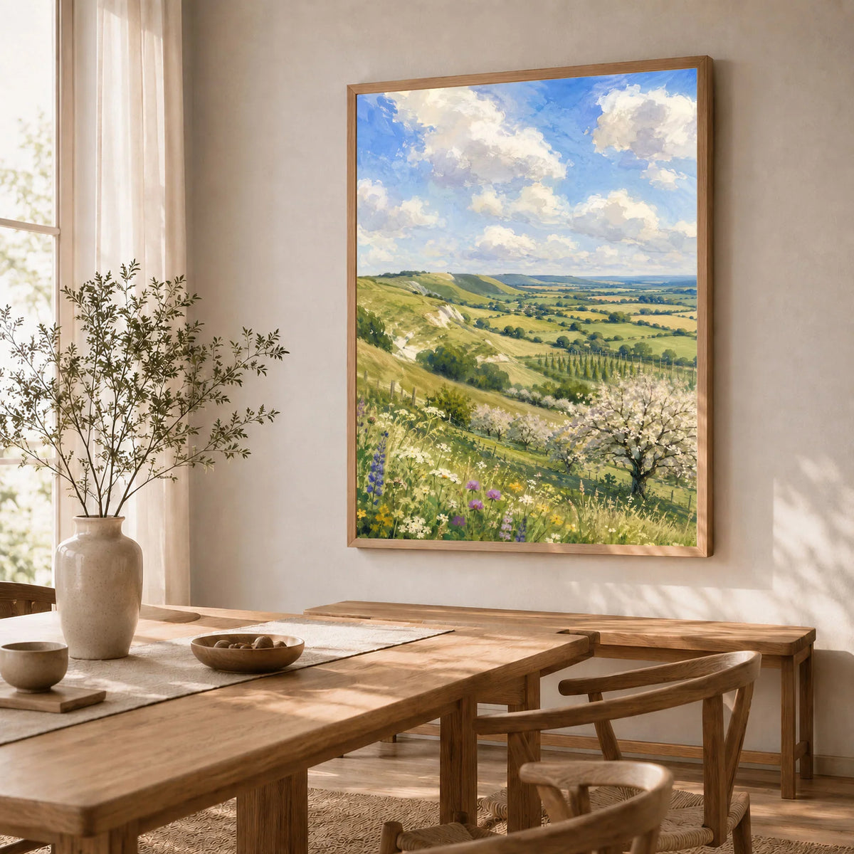 Kent Downs chalk downs and orchard blossom watercolour art print in a natural wood frame in a dining room
