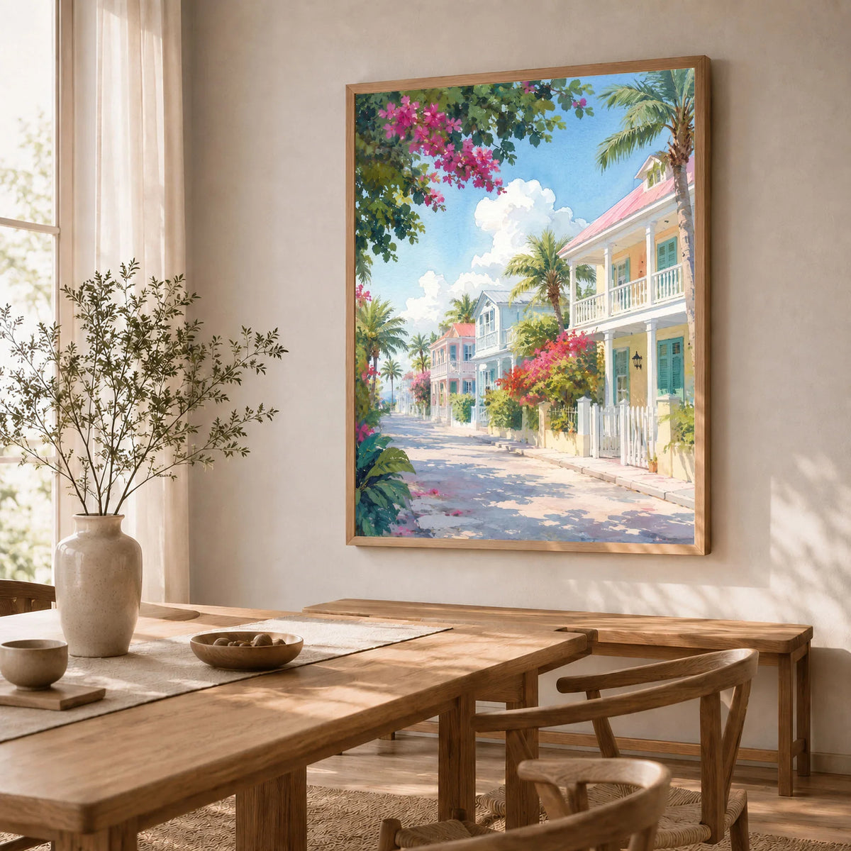 Key West pastel conch houses watercolour art print in a natural wood frame in a dining room