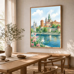 Kraków Wawel Castle on the Vistula watercolour art print in a natural wood frame in a dining room