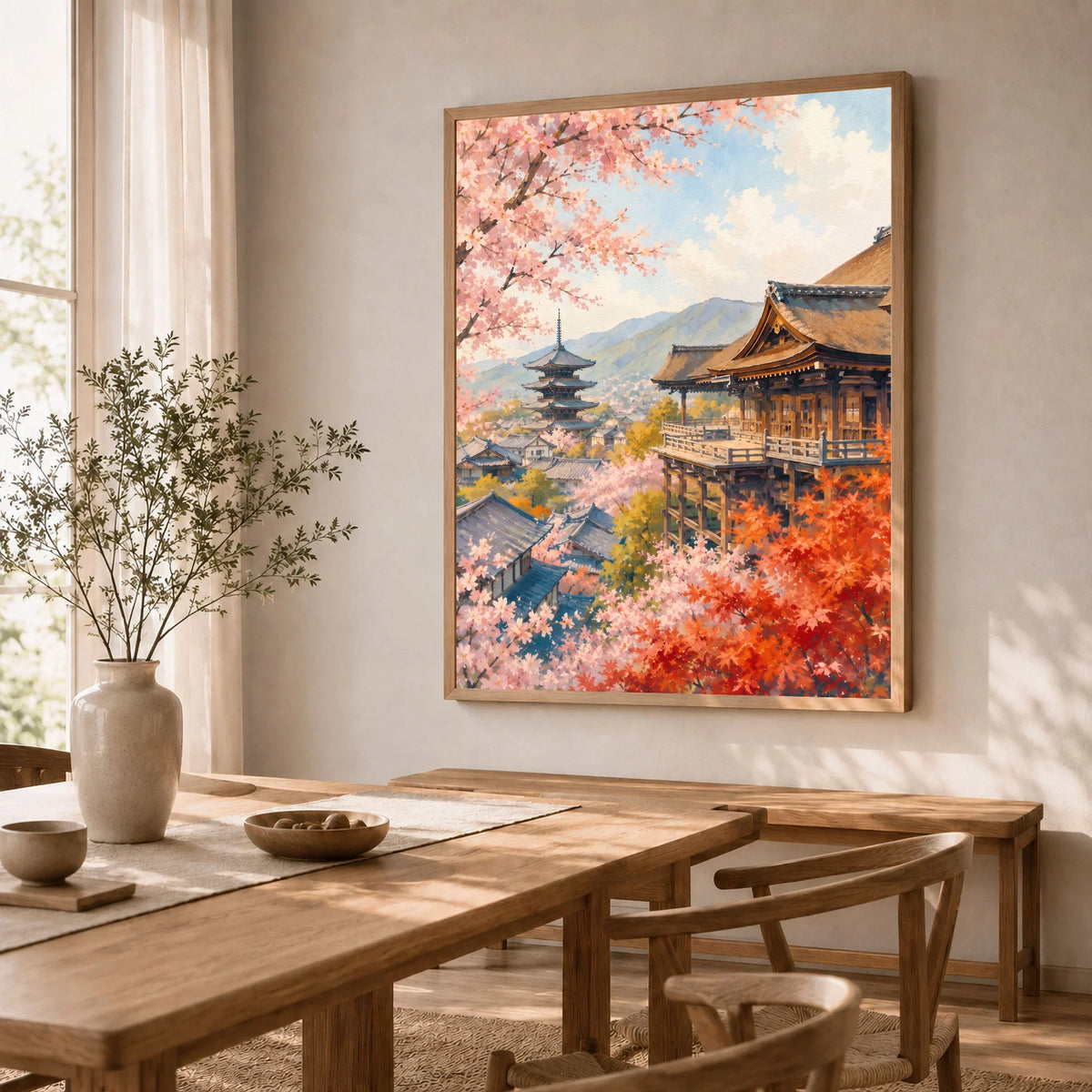 Kyoto Kiyomizu-dera temple and blossom watercolour art print in a natural wood frame in a dining room