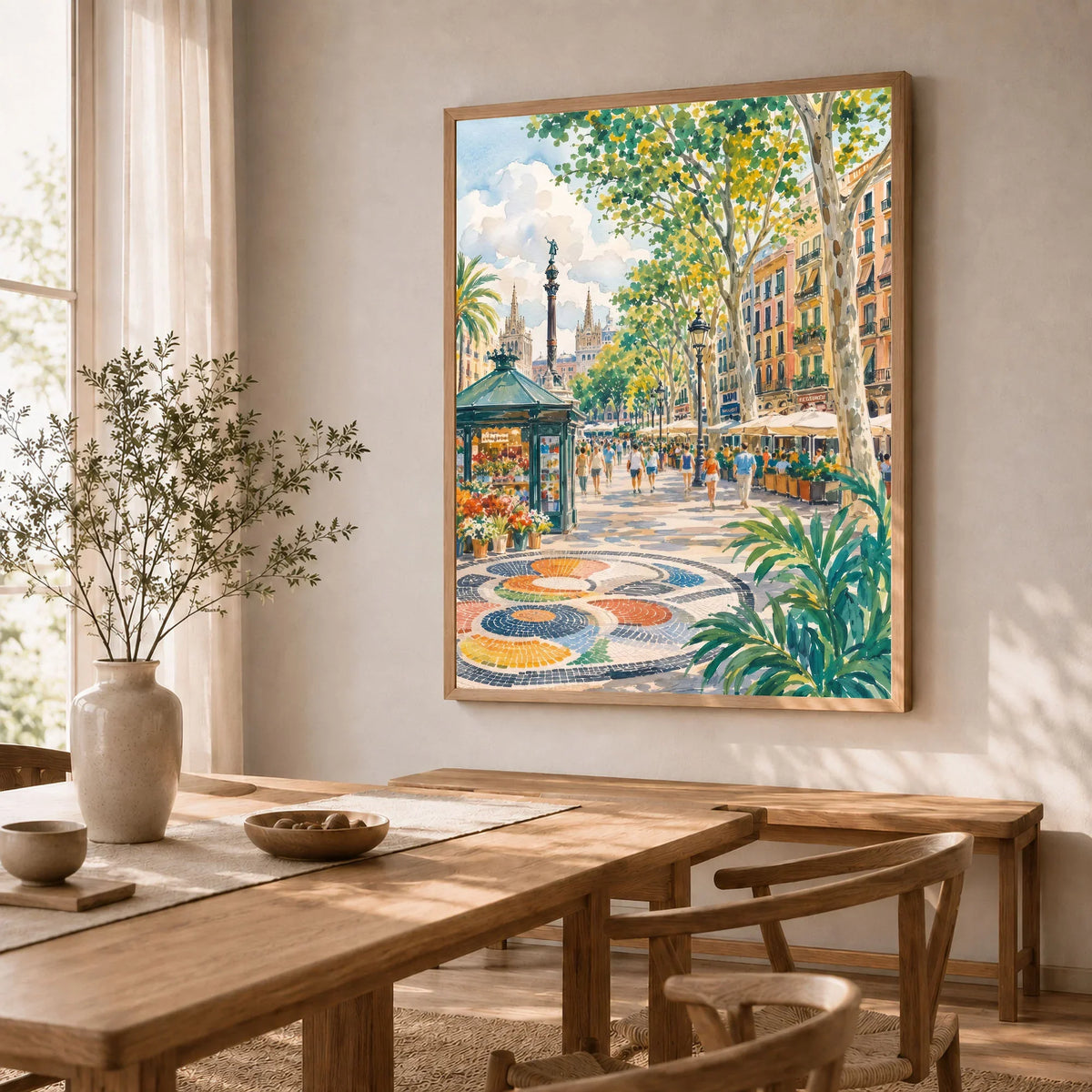 La Rambla Barcelona promenade and mosaic watercolour art print in a natural wood frame in a dining room