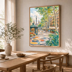 La Rambla Barcelona promenade and mosaic watercolour art print in a natural wood frame in a dining room