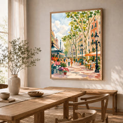 La Rambla Barcelona flower stalls and cafés watercolour art print in a natural wood frame in a dining room