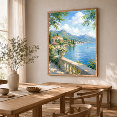 Lake Como lakeside villa and mountains watercolour art print in a natural wood frame in a dining room