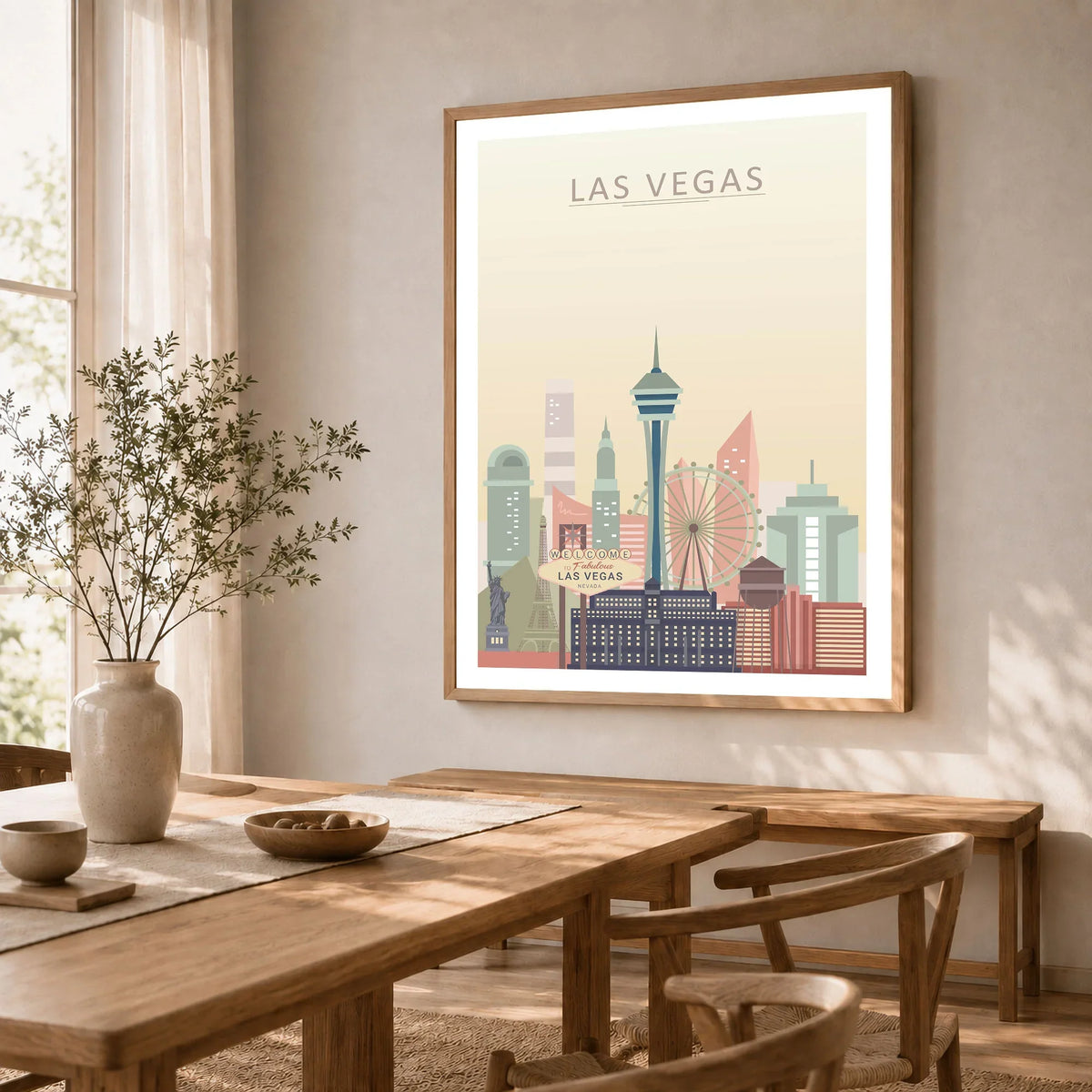 Las Vegas city skyline art print in a natural wood frame in a dining room