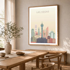 Las Vegas city skyline art print in a natural wood frame in a dining room