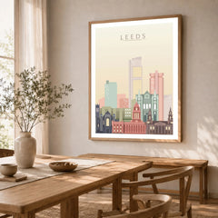 Leeds city skyline art print in a natural wood frame in a dining room