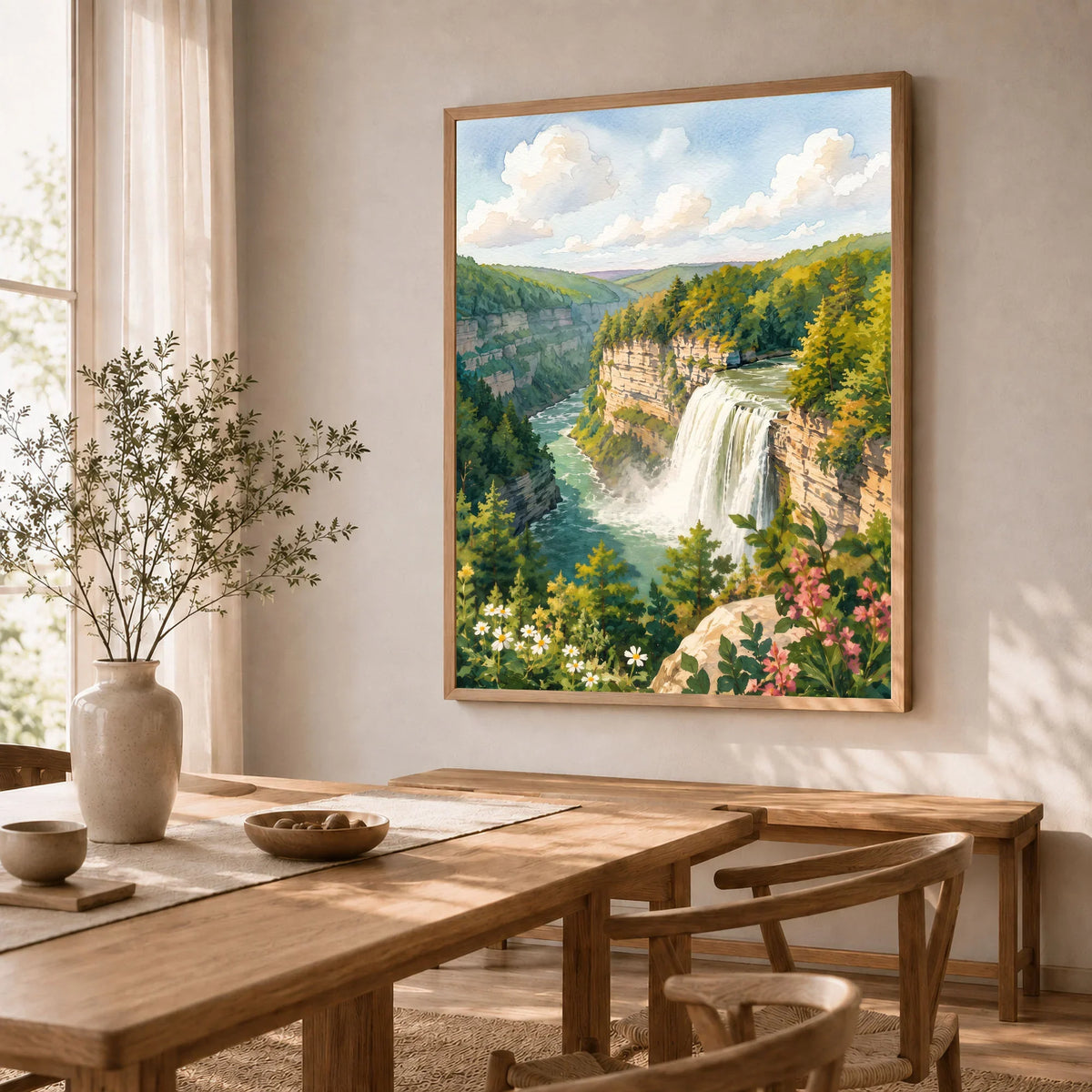 Letchworth State Park waterfall in the gorge watercolour art print in a natural wood frame in a dining room