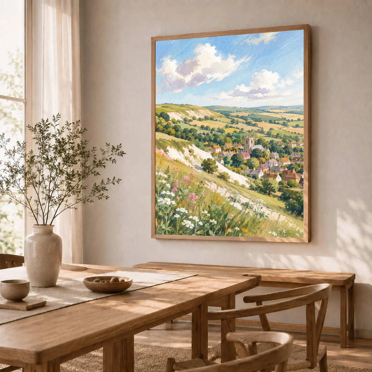 Lincolnshire Wolds hillside village and church watercolour art print in a natural wood frame in a dining room