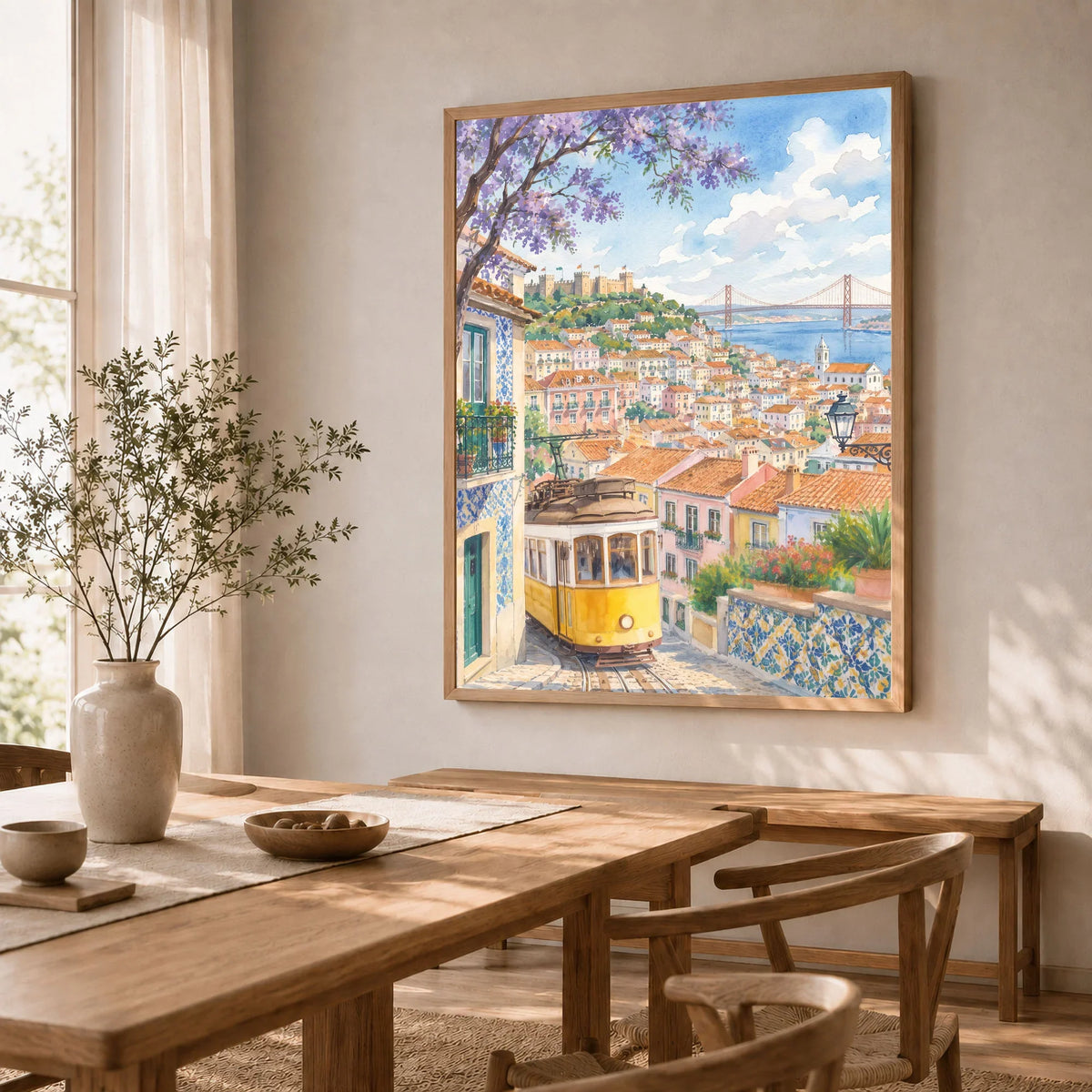 Lisbon yellow tram and castle watercolour art print in a natural wood frame in a dining room