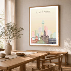 Liverpool city skyline art print in a natural wood frame in a dining room