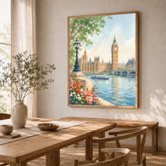 London Big Ben and Houses of Parliament watercolour art print in a natural wood frame in a dining room