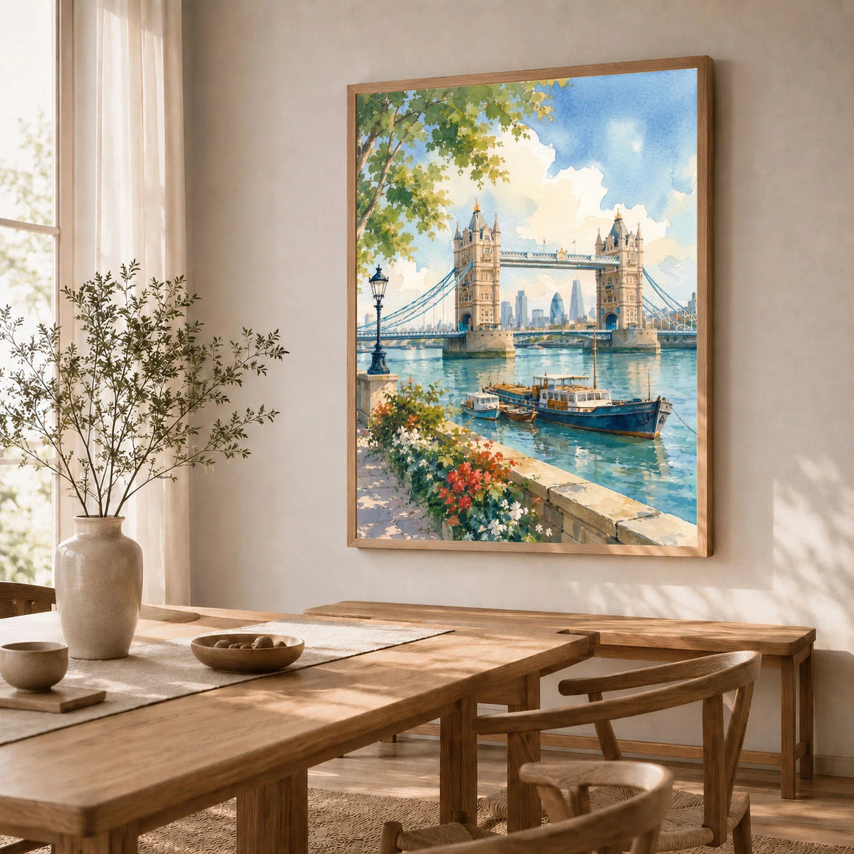 London Tower Bridge on the Thames watercolour art print in a natural wood frame in a dining room