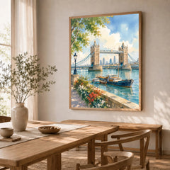London Tower Bridge on the Thames watercolour art print in a natural wood frame in a dining room