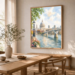 London St Paul's Cathedral and Millennium Bridge watercolour art print in a natural wood frame in a dining room