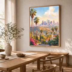 Los Angeles palm trees and downtown skyline watercolour art print in a natural wood frame in a dining room
