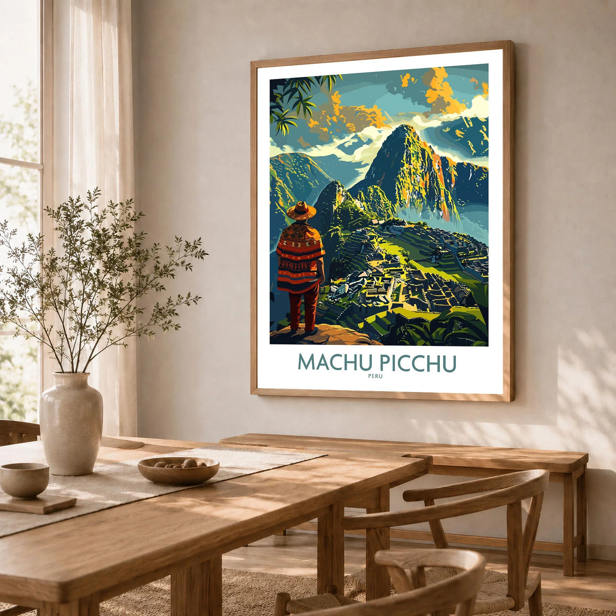 Machu Picchu Travel Poster - natural wood framed art print in dining room