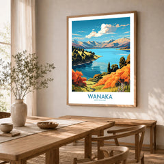 Wanaka Travel Poster New Zealand - natural wood framed art print in dining room