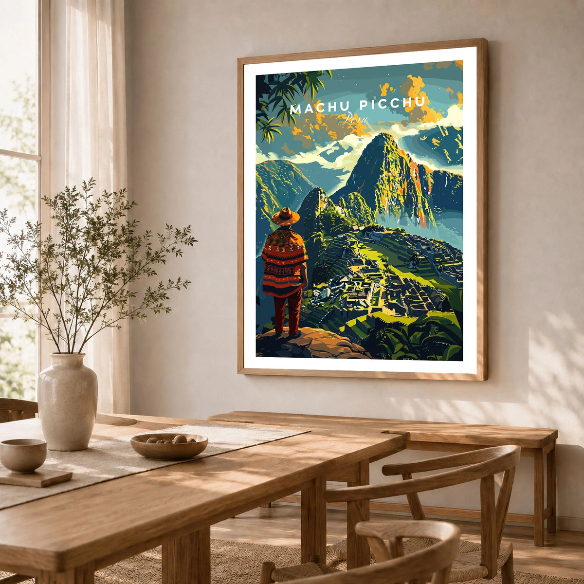 Machu Picchu Poster - natural wood framed art print in dining room