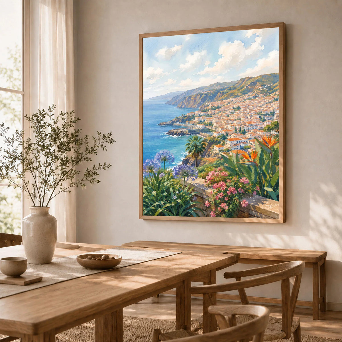 Madeira Funchal bay and coast watercolour art print in a natural wood frame in a dining room