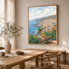 Madeira Funchal bay and coast watercolour art print in a natural wood frame in a dining room
