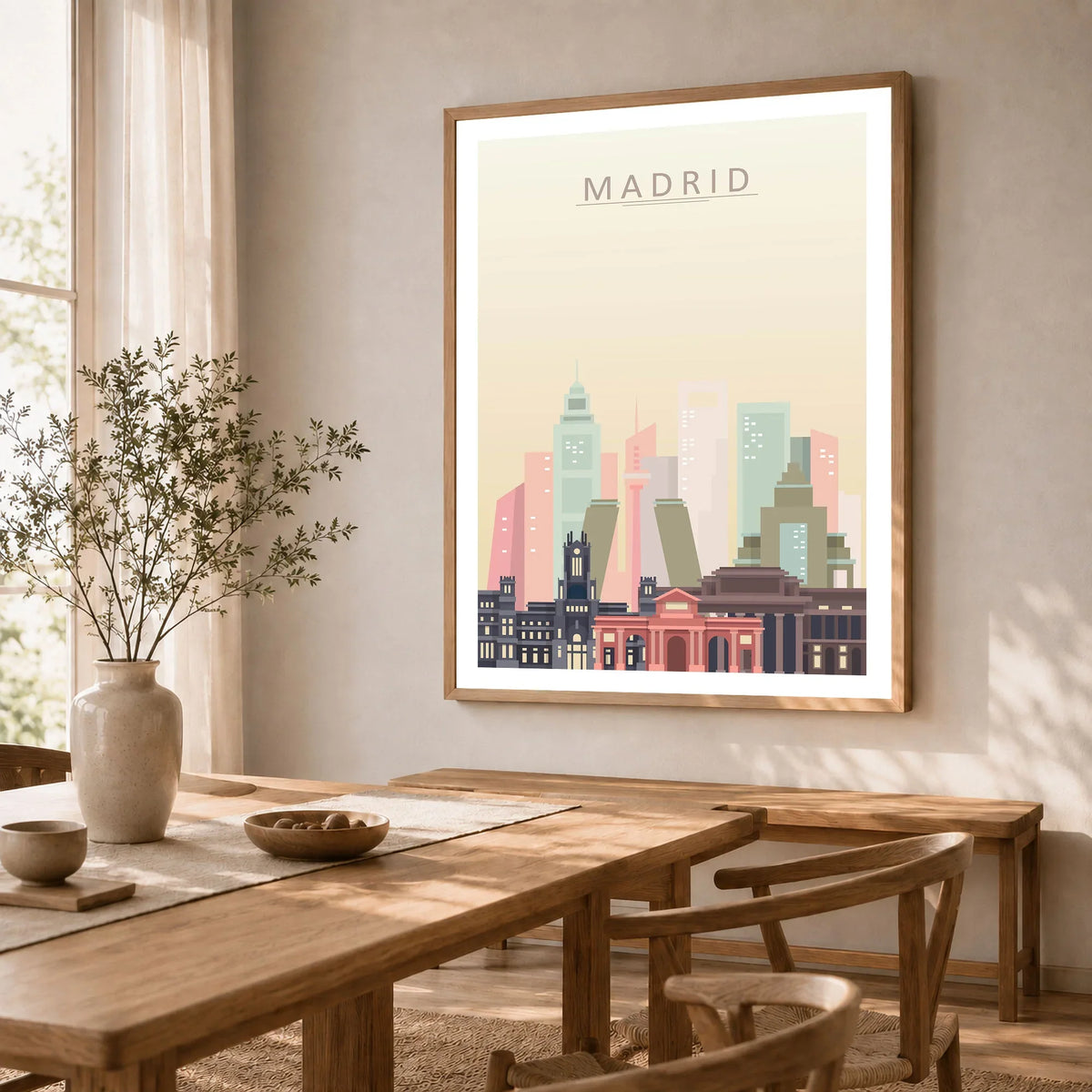 Madrid city skyline art print in a natural wood frame in a dining room