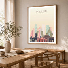 Madrid city skyline art print in a natural wood frame in a dining room