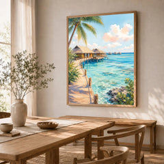 Maldives overwater villas and lagoon watercolour art print in a natural wood frame in a dining room