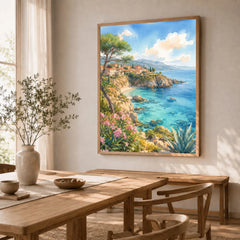 Mallorca turquoise cove and pines watercolour art print in a natural wood frame in a dining room