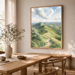 Malvern Hills ridge path watercolour art print in a natural wood frame in a dining room
