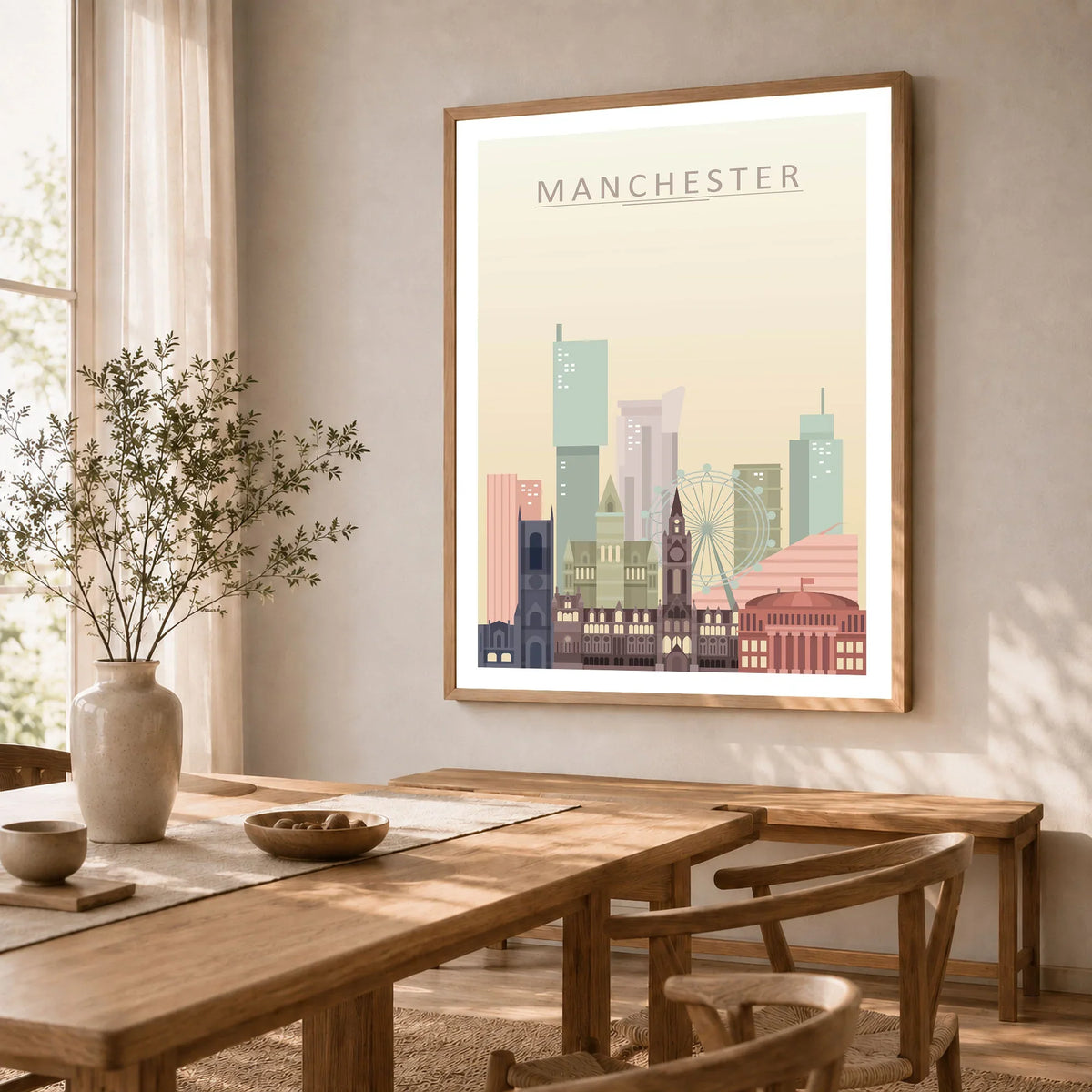 Manchester city skyline art print in a natural wood frame in a dining room