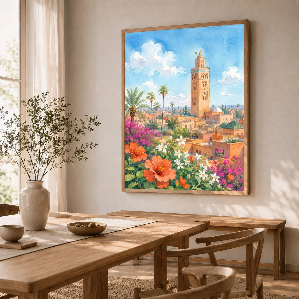 Marrakech Koutoubia Mosque watercolour art print in a natural wood frame in a dining room