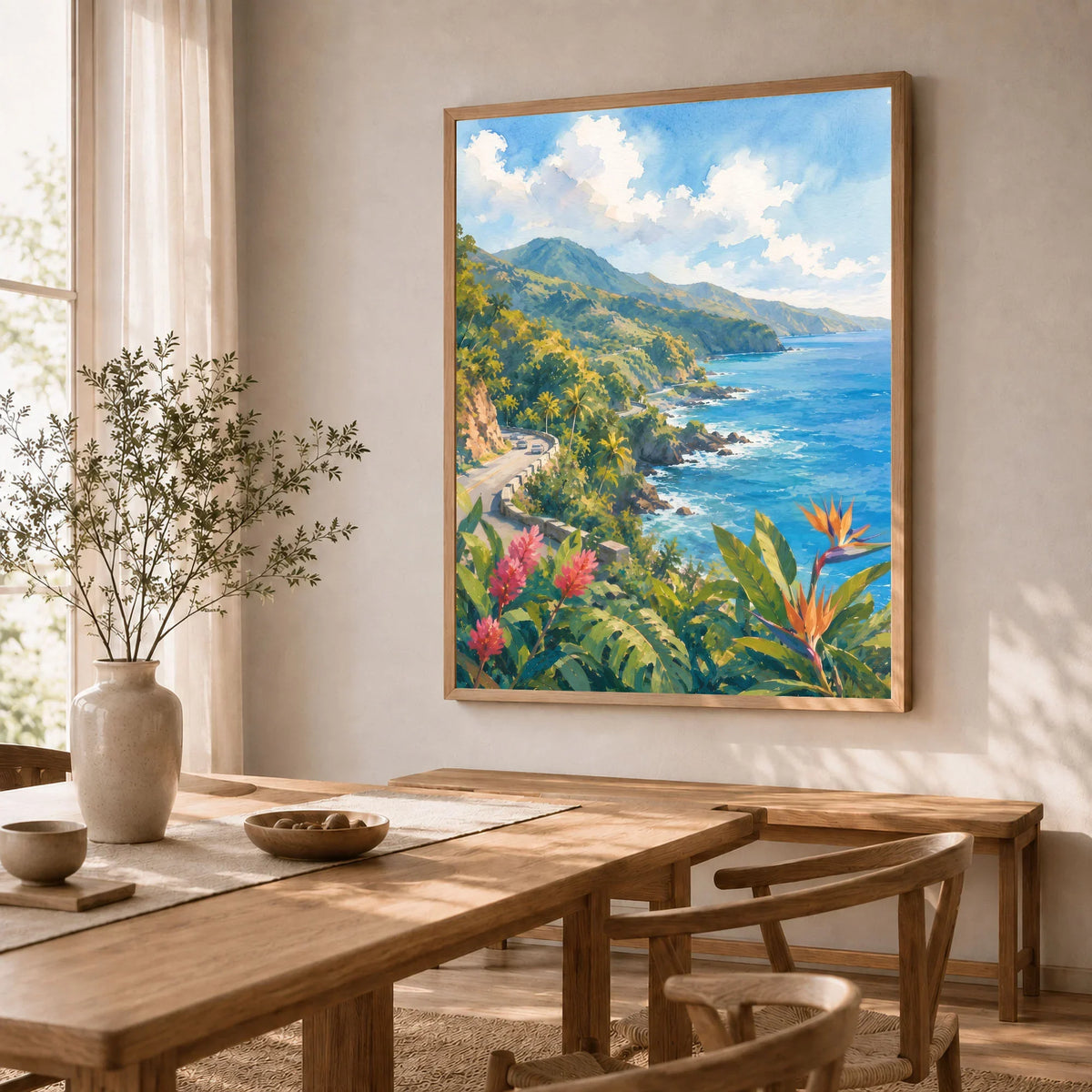 Maui Road to Hana coastline watercolour art print in a natural wood frame in a dining room