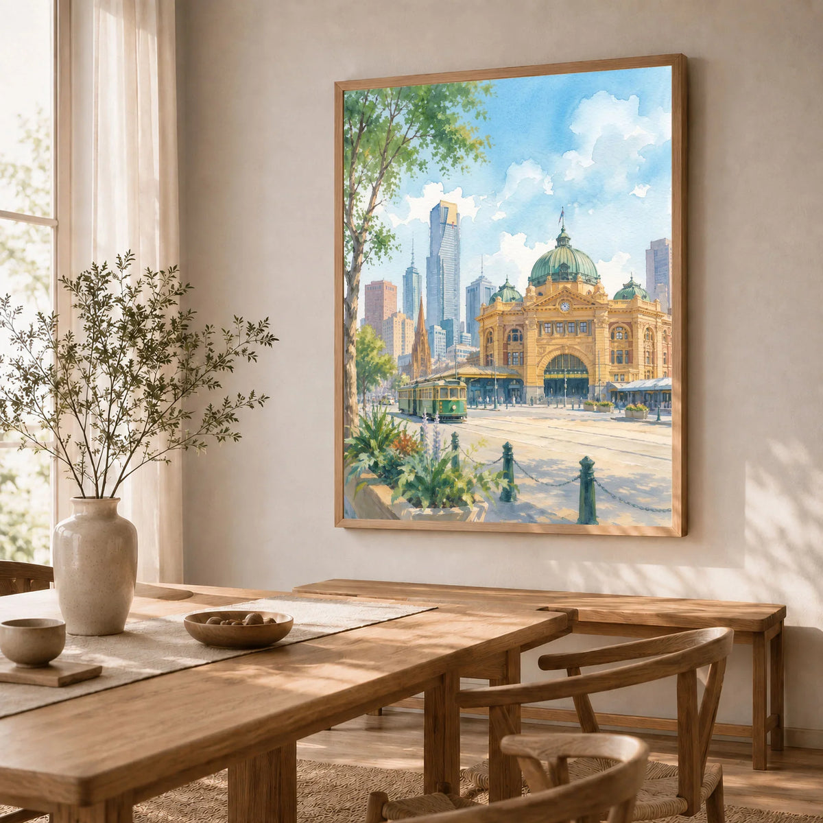Melbourne Flinders Street Station and tram watercolour art print in a natural wood frame in a dining room