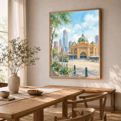 Melbourne Flinders Street Station and tram watercolour art print in a natural wood frame in a dining room