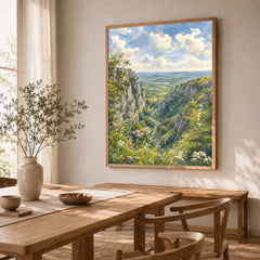 Mendip Hills Cheddar Gorge watercolour art print in a natural wood frame in a dining room