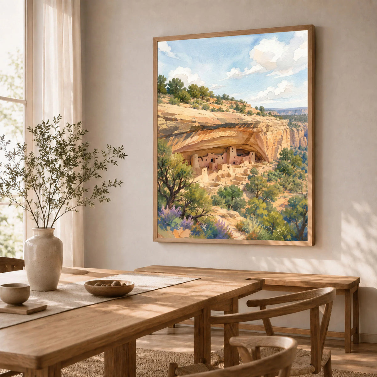 Mesa Verde National Park Cliff Palace dwellings watercolour art print in a natural wood frame in a dining room