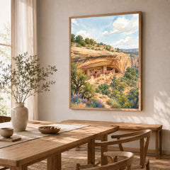 Mesa Verde National Park Cliff Palace dwellings watercolour art print in a natural wood frame in a dining room