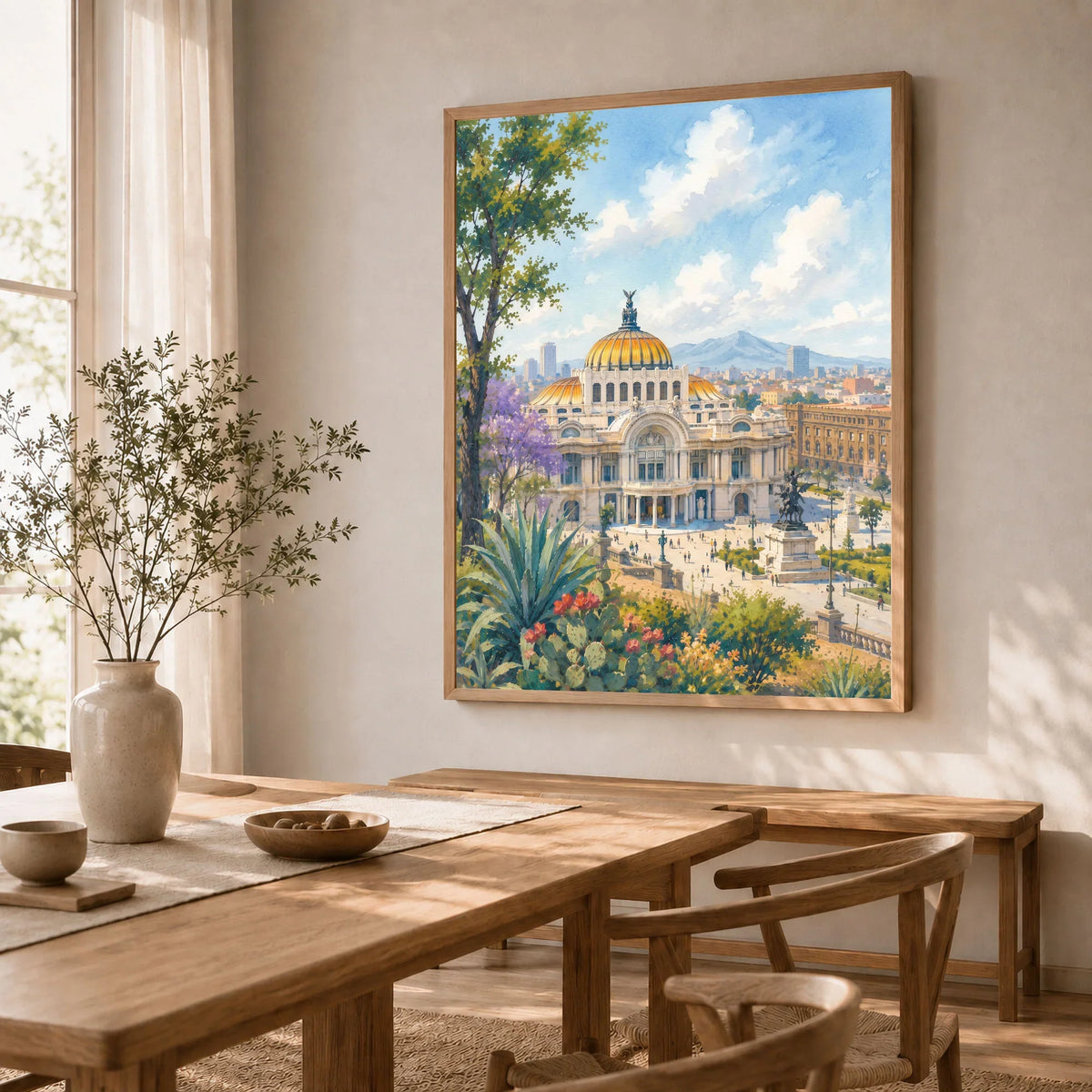 Mexico City Palacio de Bellas Artes watercolour art print in a natural wood frame in a dining room
