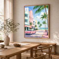 Miami Art Deco Ocean Drive and classic car watercolour art print in a natural wood frame in a dining room