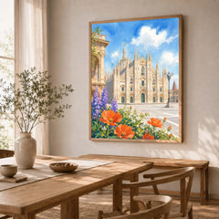 Milan Duomo di Milano watercolour art print in a natural wood frame in a dining room