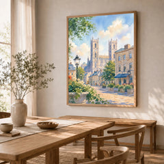 Montreal Notre-Dame Basilica in Old Montreal watercolour art print in a natural wood frame in a dining room