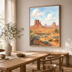 Monument Valley the Mittens buttes watercolour art print in a natural wood frame in a dining room