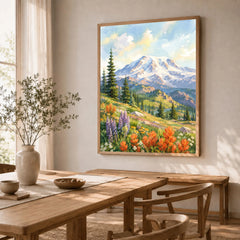 Mount Rainier National Park wildflower meadows watercolour art print in a natural wood frame in a dining room