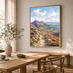 Mourne Mountains mountain path above the sea watercolour art print in a natural wood frame in a dining room