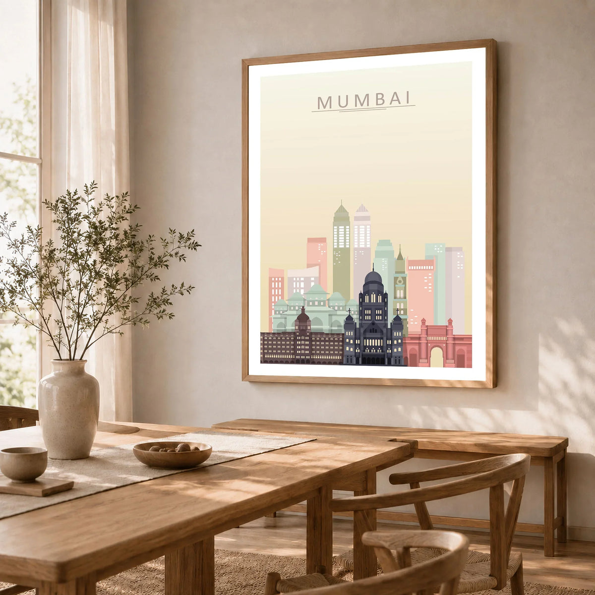 Mumbai city skyline art print in a natural wood frame in a dining room